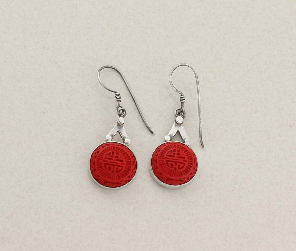 Sterling Silver Sajen Cinnabar Chinese Long Life Earrings Dangle 2 " x 5/8" in - Picture 8 of 8